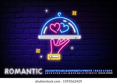 tray on the arm neonsign. Romantic Dinner neon sign vector. Romantic Hour Logotype, Emblem in Modern Trend Design, Light Banner, Night Romantics, Design Element. Vector. Editing text neon sign