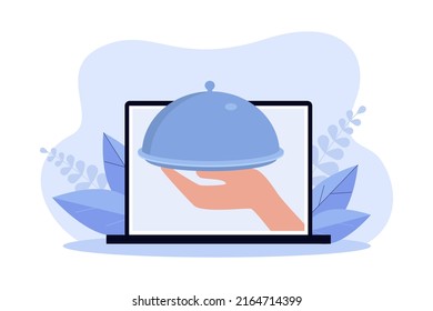 Tray on human hand out of laptop screen flat vector illustration. Person ordering food online using mobile phone app. Internet, food delivery concept for banner, website design or landing web page