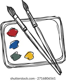 Tablett mit Farbtupfer und zwei Pinseln bereit für die Kunstherstellung.