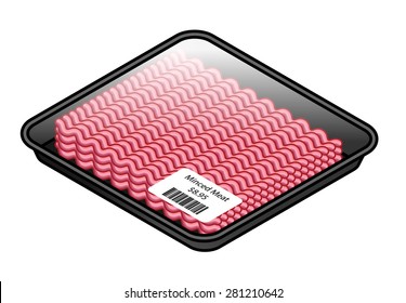 A tray of pink minced meat covered with cling film with a price sticker.