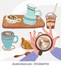 Tray, pitcher, serving morning coffee, hands with cup top view, croissant, cozy tomorrow, daily ritual, women's hands, vector hand drawn illustration.