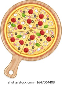 Tray of pizza with meat and vegetables toppings illustration