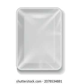 Tray plastic. Food package with transparent wrap. Realistic white empty container for vegetables, fruits and meat. Vacuum square lunch or dinner box top view. Package vector illustration