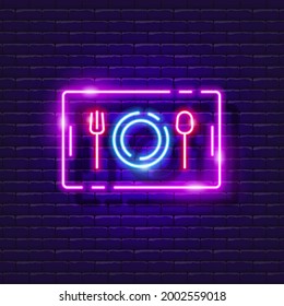 Tray With Plate And Cutlery Neon Sign. Food In The School Cafeteria Glowing Icon. Vector Illustration For Design. Fast Food Concept.