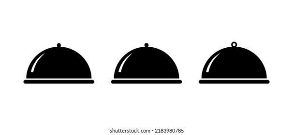 Tray plate vector icons set. Food plate service symbol. Restaurant cloche sign