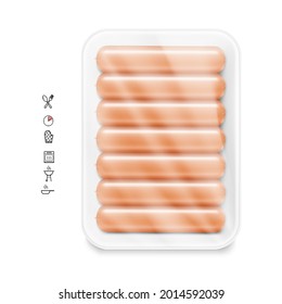 Tray with realistic sausages. Vector illustration isolated on white background. Can be use for your design, presentation, promo, adv. EPS10.	