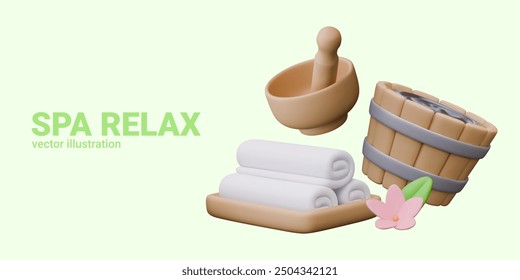 Tray with rolled clean towels, wooden round tub, flower, mortar and pestle