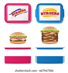 Tray Salver Set Vector. Empty Plastic Rectangular Tray Salvers With Fast Food Realistic Burger. Top View. Advertising, Branding Concept. Tray Isolated On White