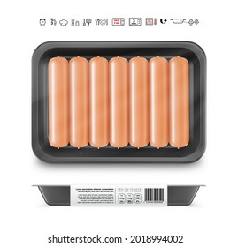 Tray sealer with realistic sausages. Vector illustration isolated on white background. Can be use for your design, presentation, promo, adv. EPS10.	