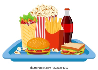 A tray with a set of fast food.Burger, fried chicken wings, sandwich, French fries, popcorn and shawarma.Vector illustration.