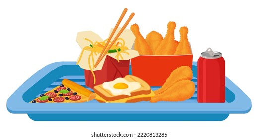 A tray with a set of fast food.Burger, sandwich, French fries, Chinese noodles and cola.Vector illustration.