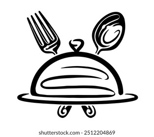 Tray with spoon and fork logo. Emblem for restaurant menu design or food delivery service. Vector illustration