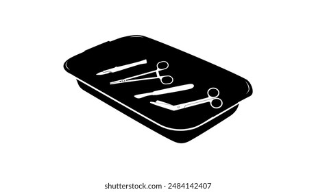 Tray with surgical instruments, black isolated silhouette