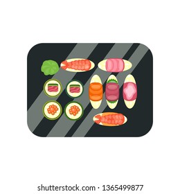 Tray with sushi and sashimi set flat icon. Dinner, Japanese restaurant, raw fish dish. Asian food concept.Vector illustration can be used for topics like food, menu, traditional cuisine