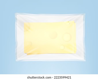 Tray transparent film mockup with  slices of cheese. Vector illustration. The translucent layer perfectly simulates the top stretched layer of plastic. EPS10.