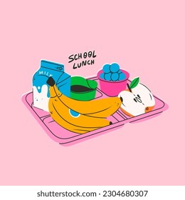 Tray with various food: banana, berries, apple, milk. Hand drawn Vector illustration. Isolated design element. Poster, print, logo template. Healthy food, school lunch box concept