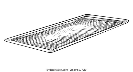 Tray vector illustration. Linear drawing of dish for food painted by black inks. Outline etching with platter on isolated background. Line art of metal kitchen utensil for cookbook and recipe.