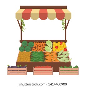 Tray with vegetables on the market. Workplace of the market seller. There is scales and goods: cucumbers, onions, carrots, eggplant, zucchini, perrers, potato, cabbage in the image. Vector
