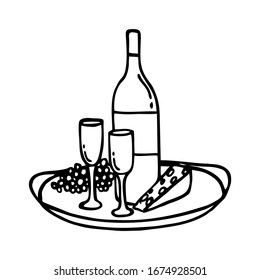 TRAY WITH WINE AND GLASSES ON A WHITE BACKGROUND IN VECTOR