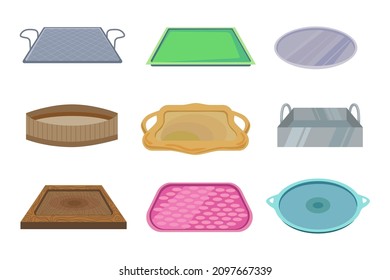 Trays for dish set. Vector illustrations of kitchen, restaurant or cafeteria salvers of rectangular and round shape. Cartoon empty plates in wood, plastic, metal isolated on white. Kitchenware concept