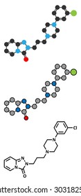 Trazodone antidepressant, hypnotic and anxiolytic drug molecule. Conventional skeletal formula and stylized representations.
 