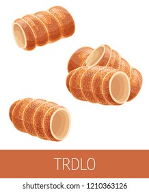 Trdelnik vector illustration. Traditional national Czech dessert, European street food illustration. Set of detailed icons of Prague bakery isolated on white background. Street food menu template. 