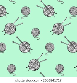 Tread with needles hand drawn set seamless pattern on blue background. Handcraft doodle element pattern for fabrics, background, wallpaper, cover