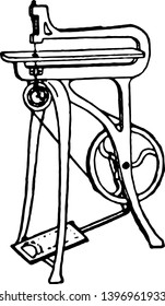 Treadle Fret Saw, It is a type of Fret Saw and its used in a Miscellaneous Crafts, vintage line drawing or engraving illustration.