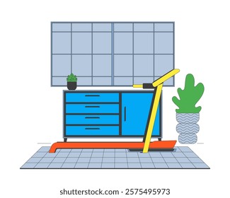 Treadmill and cabinet in home gym room cartoon flat illustration. Exercise equipment. Workout machine. Drawers, potted plants, window wall 2D scene isolated on white background. Vector colorful image