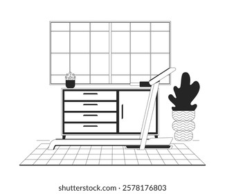 Treadmill and cabinet in home gym room linear illustration. Exercise equipment. Workout machine. Drawers, potted plants, window wall 2D line scene isolated on white. Monochrome vector outline image