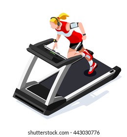 Treadmill Gym Class Working Out. Gym Equipment Treadmill Running Athlete Runners Working Out Fitness Gym Class. 3D Flat Isometric Marathon Runners athlete training Fitness Class Vector Image.