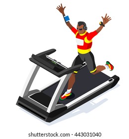 Treadmill Gym Class Working Out. Gym Equipment Treadmill Running Athlete Runners Working Out Fitness Gym Class. 3D Flat Isometric Marathon Runners athlete training Fitness Class Vector Image.