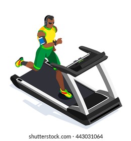 Treadmill Gym Class Working Out. Gym Equipment Treadmill Running Athlete Runners Working Out Fitness Gym Class. 3D Flat Isometric Marathon Runners athlete training Fitness Class Vector Image.