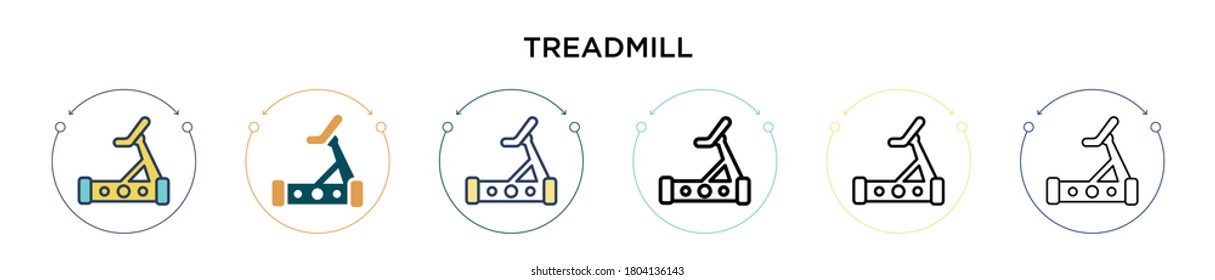 Treadmill icon in filled, thin line, outline and stroke style. Vector illustration of two colored and black treadmill vector icons designs can be used for mobile, ui, web