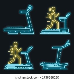 Treadmill icon set. Outline set of treadmill vector icons neon color on black