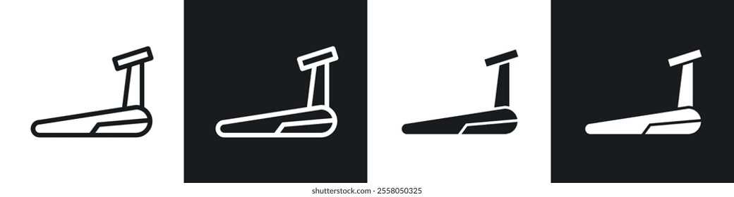 Treadmill icons pack in black and white filled and outlined versions.