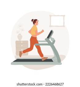 Treadmill aisló la ilustración vectorial de dibujos animados. Joven en ropa deportiva corriendo en cinta de correr, haciendo ejercicios cardiovasculares, gente con estilo de vida activo, actividad física, llena de dibujos animados de vectores de energía.