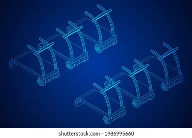 Treadmill machine. Gym and fitness equipment. Wireframe low poly mesh vector illustration.
