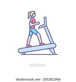 Treadmill - modern colored line design style icon on white background. Neat detailed image of young girl athlete caring her health doing cardio workout. Exercise on sports simulators. Lifestyle