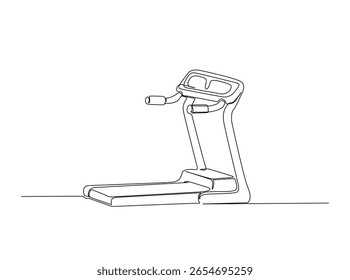 Treadmill running equipment in single outline illustration. Continuous line art drawing of sport equipment - treadmill.