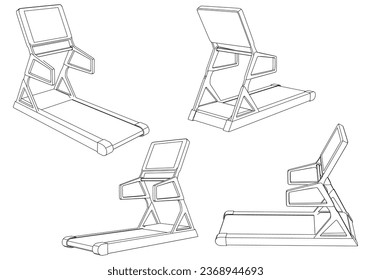 Treadmill running. Fitness, cardio, and muscle building machines, equipments set at gym. Workout and training concept. Vector illustration.