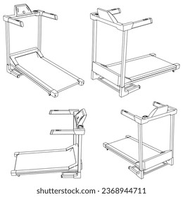 Treadmill running. Fitness, cardio, and muscle building machines, equipments set at gym. Workout and training concept. Vector illustration.