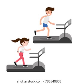 Treadmill running flat design cartoon, vector.