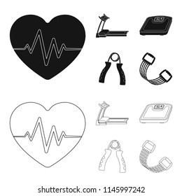 Treadmill, scales, expander and other equipment for training.Gym and workout set collection icons in black,outline style vector symbol stock illustration web.