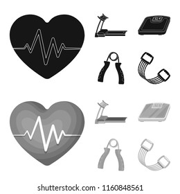 Treadmill, scales, expander and other equipment for training.Gym and workout set collection icons in black,monochrome style vector symbol stock illustration web.