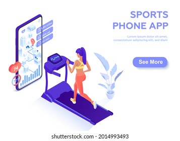 Deportes de Treadmill, aplicación en ejecución, estadísticas y parámetros de seguimiento: frecuencia cardíaca, distancia, calorías, tiempo. Isometría vectorial