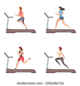 Treadmill. Woman (girl) runs on a cardio machine. Vector flat illustration.