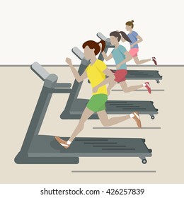 Treadmill. Women at the gym. Vector flat design illustration. Sports exercises activity treadmill running