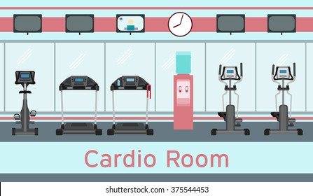 Treadmills, exercise bike, elliptical trainers, cardio equipment in gym interior. Vector illustration in flat style. Cardio room.