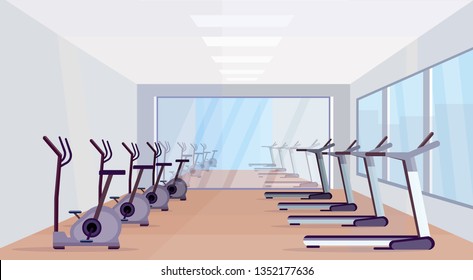 treadmills and stationary bicycles modern equipment sport activities healthy lifestyle concept empty no people gym interior design horizontal